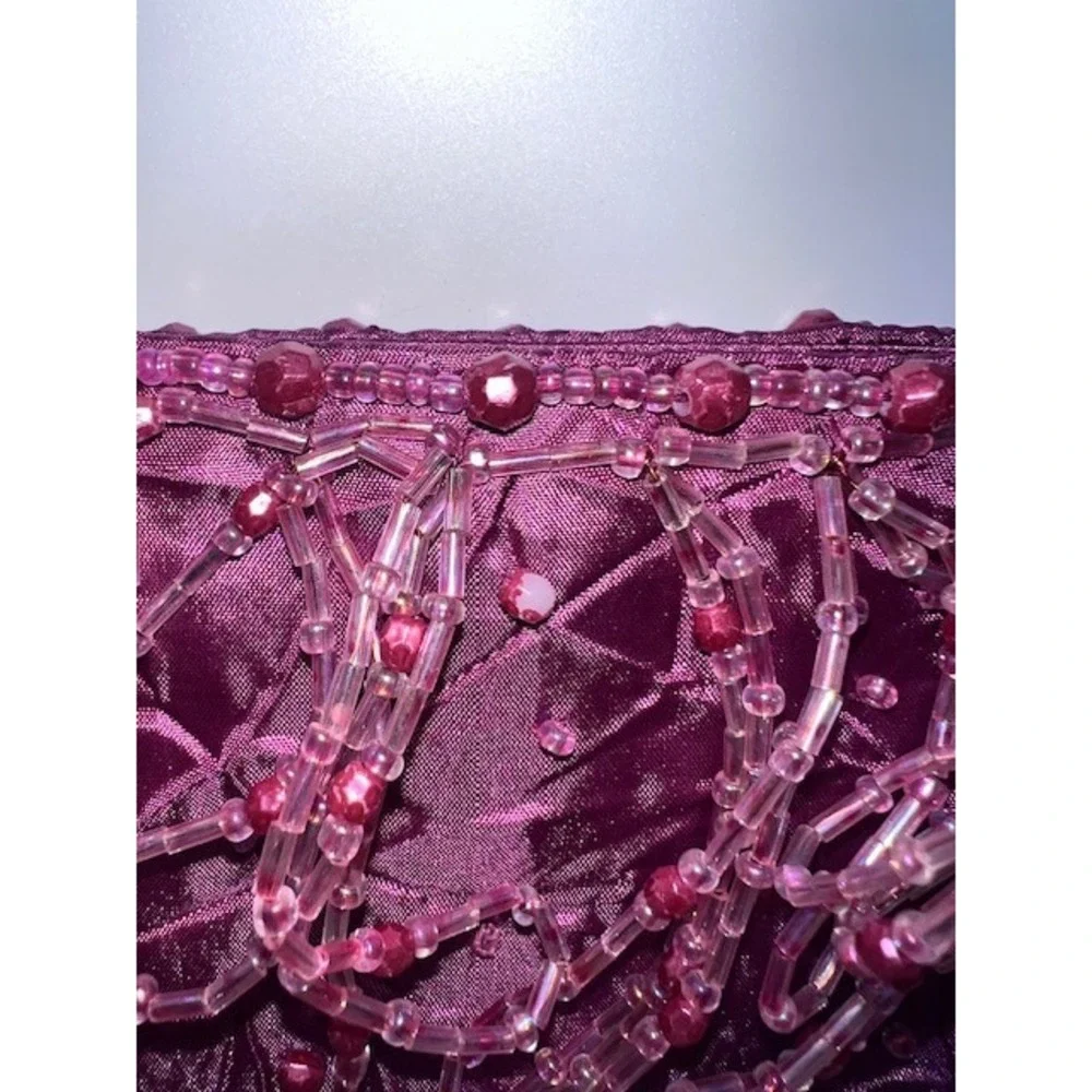 VTG Y2K FarNine Fuchsia Crinkle Satin Beaded Fringe Bag 2000s Whimsygoth Party